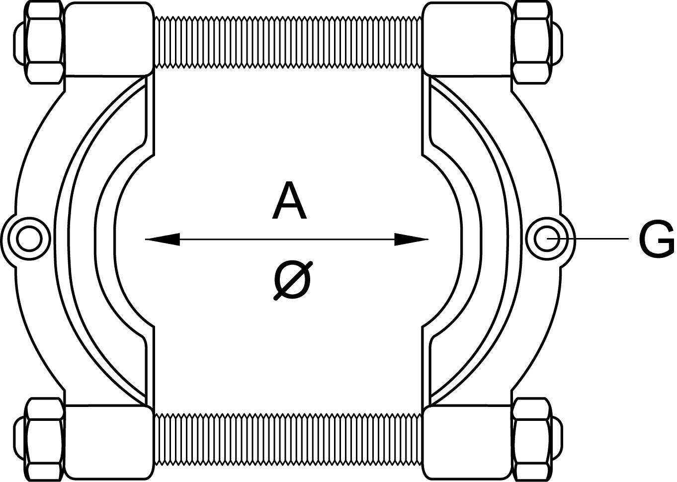 Technical drawing of a pipe clamp with two screws and nuts. Labelled with 'A' for length and 'Ø' for diameter, 'G' indicates a point.