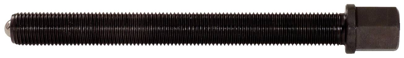 Black screw with thread and hexagonal head, horizontally aligned.