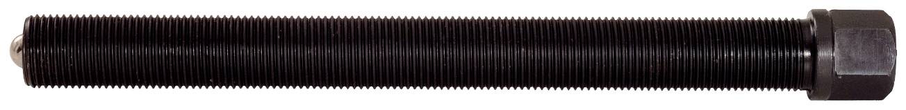 Black threaded rod with a hexagonal nut at the end, horizontally aligned. Potential application in mechanical engineering or fastening.