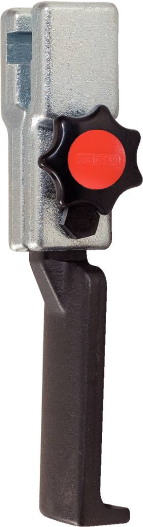 Metallic locking mechanism with a black lever and red button, used for securing or fastening components.