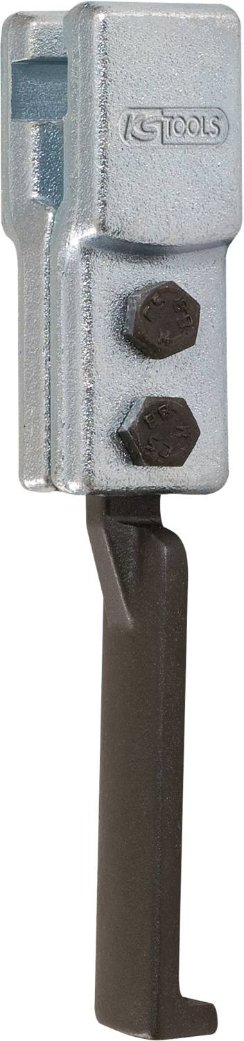 A silver battery terminal puller with two screws and a black handle, suitable for removing battery terminals.