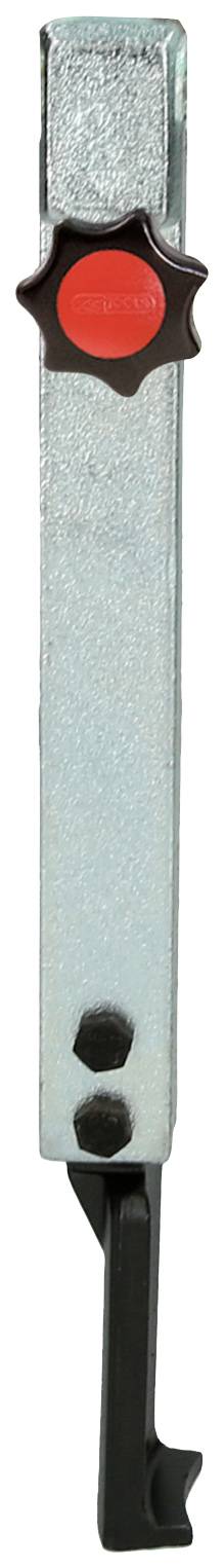 Metal lever with a star-shaped red button on top and a black clamp at the bottom end.