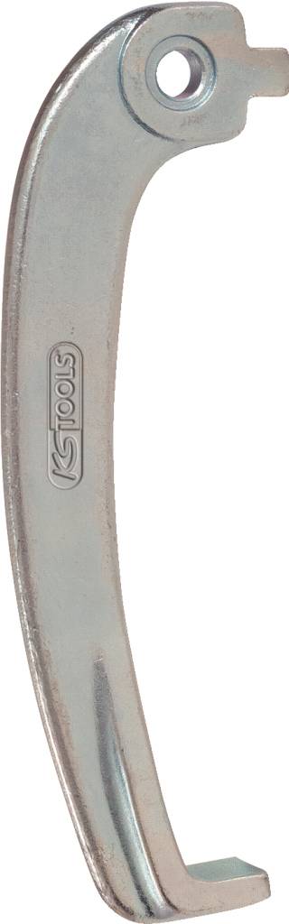 A silver metal tyre lever with a curved shape and a hole at the upper end, used for removing bicycle tyres.
