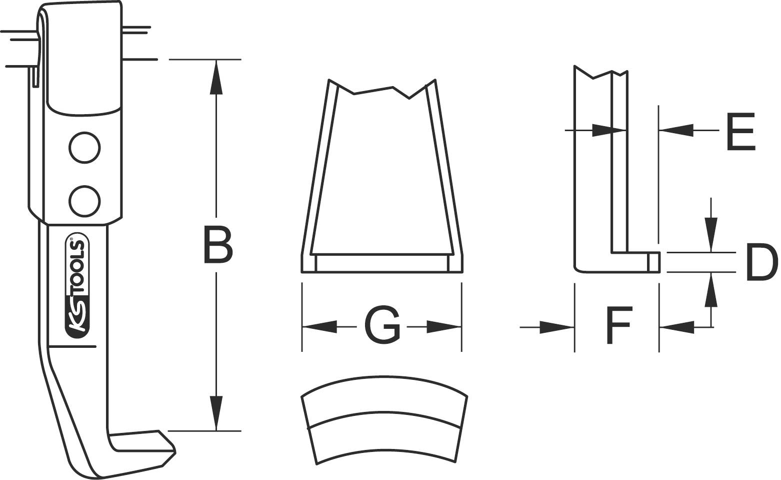 Technical drawing of a tool with side and front view. Dimensions B, E, F, G and D are indicated. Brand logo visible.