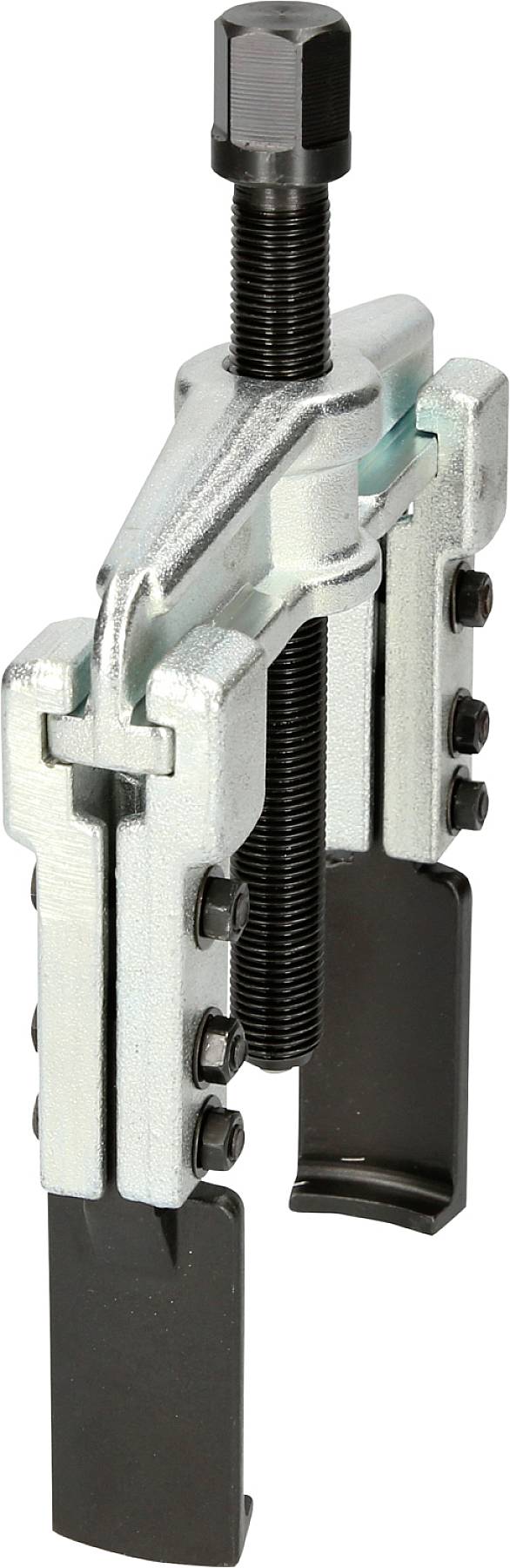 Two-jaw puller with adjustable clamps and a threaded rod, used for removing bearings or gears in mechanical applications.