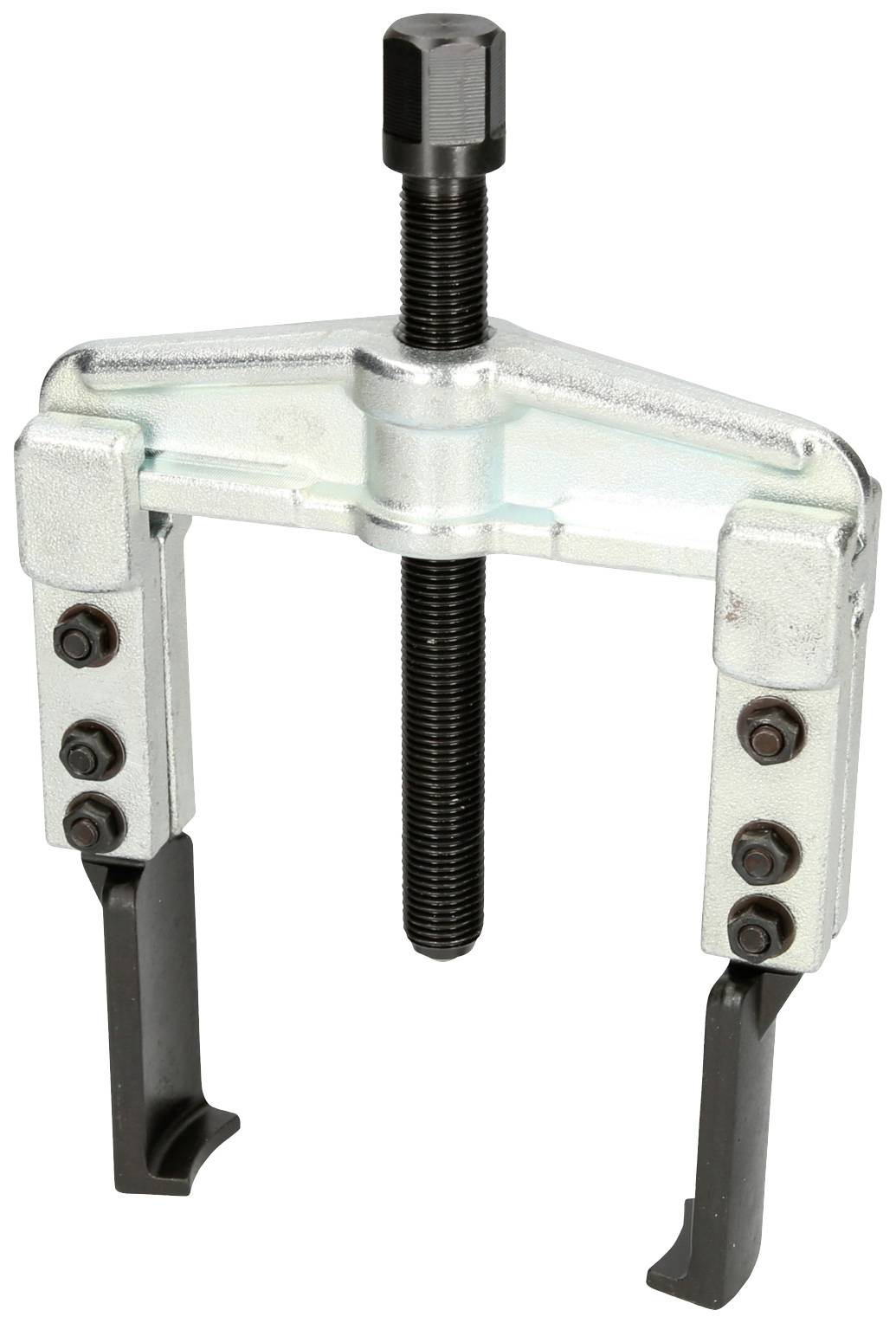Metal puller consisting of two jaws and a central screw for fixation, used for removing bearings or gears.