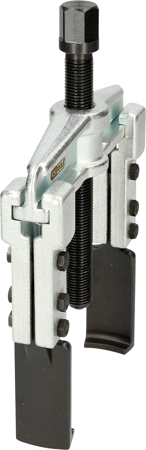 A two-arm puller with black threading and silver arms, suitable for removing bearings or gears from machinery.