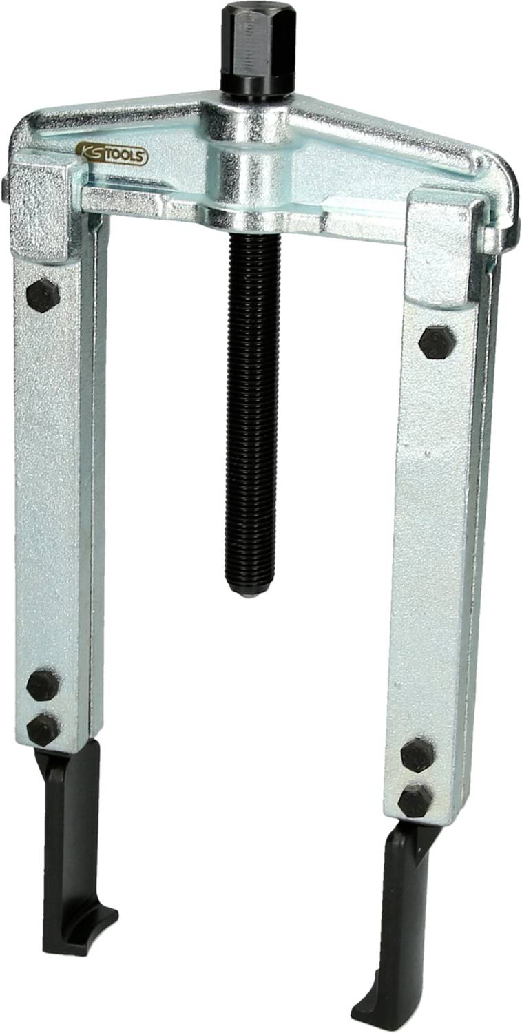 Two-legged puller with adjustable arms and central threaded spindle, used for removing bearings or gears.