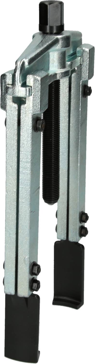 A metallic puller with two claw-like arms and a central screw, used for removing bearings or gears.