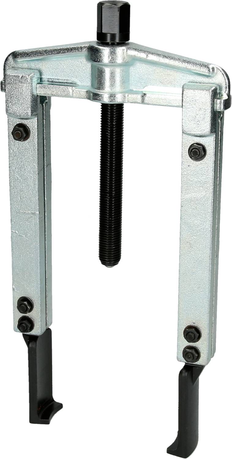 Two-finger metal puller, used for removing bearings or gears from shafts; features two adjustable gripping arms.