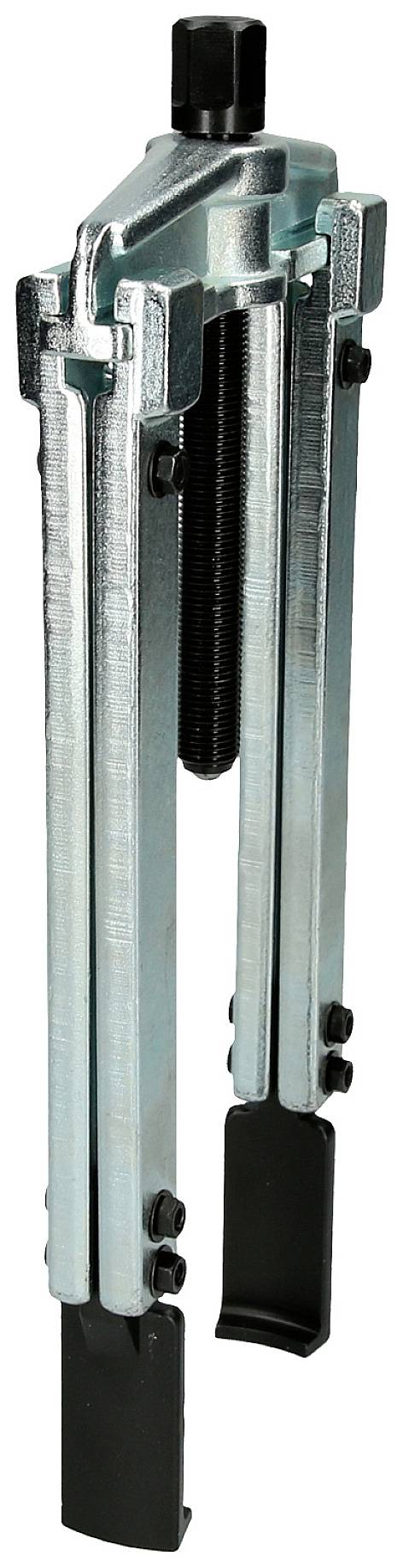 Two-armed metal puller with threaded spindle, used for removing bearings or gears from a shaft.