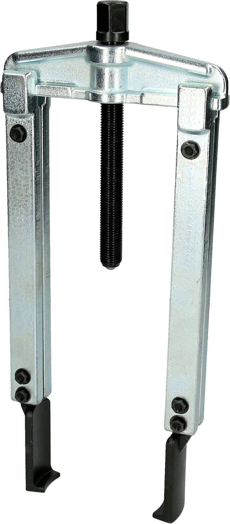 Two-legged metal puller used for removing bearings or gears from a shaft.