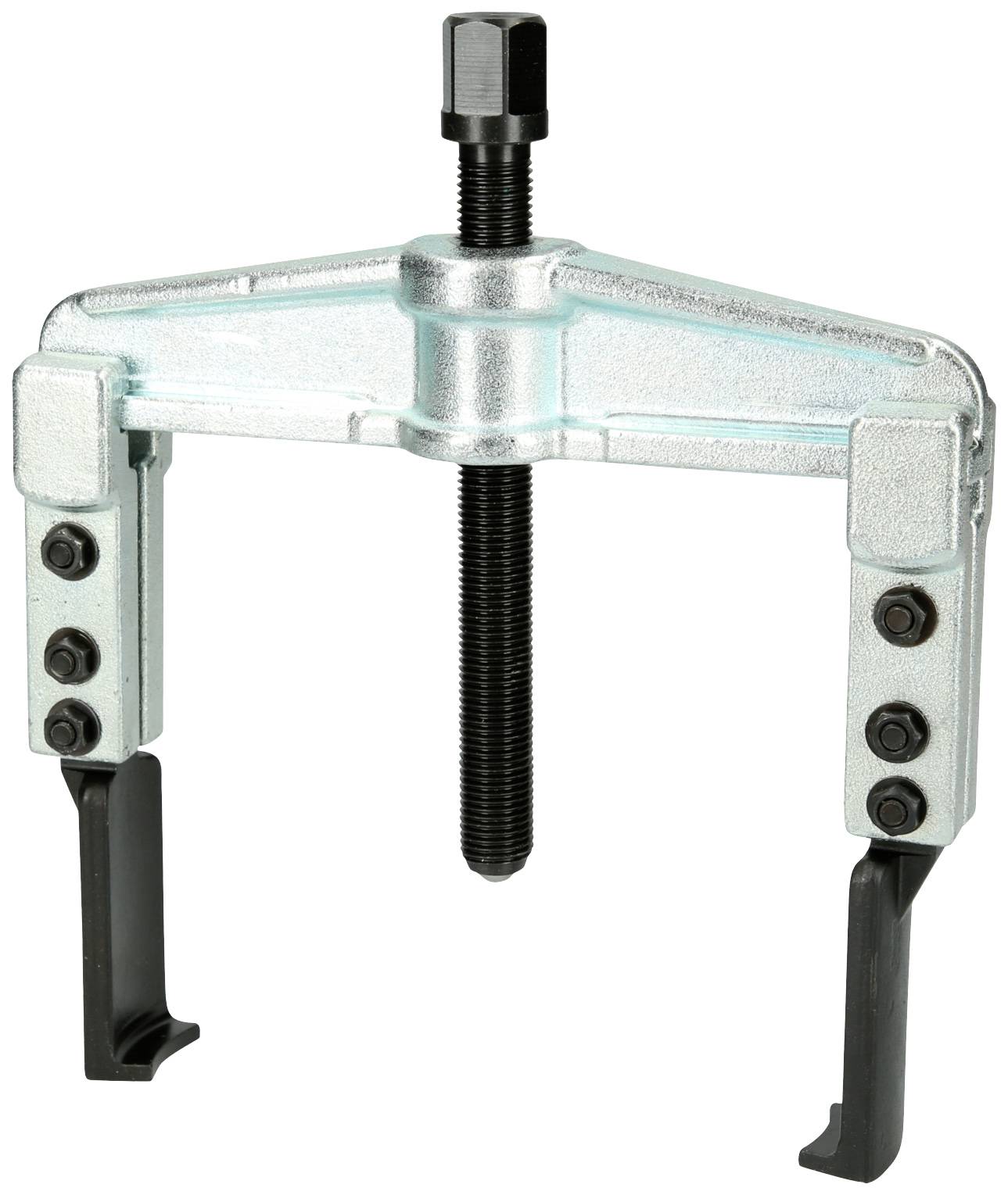 A two-legged metal puller with a threaded bolt, used for removing bearings or gears.