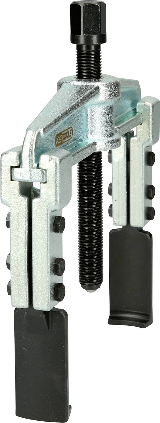 Three-armed metal puller with central screw for removing gears or bearings. Robust workshop tool.