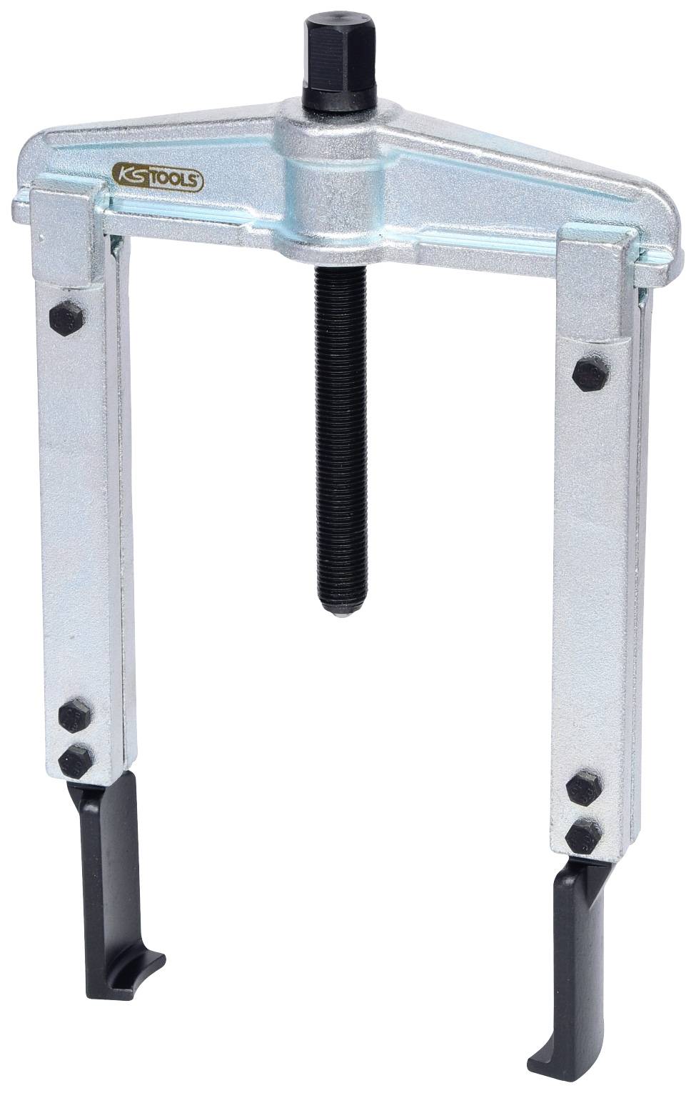 'A silver two-arm puller with a black screw on top. Used for removing stuck bearings or gears.'