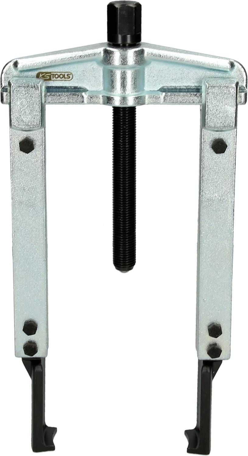 Two-legged metal puller for removing bearings, pulleys or gears.