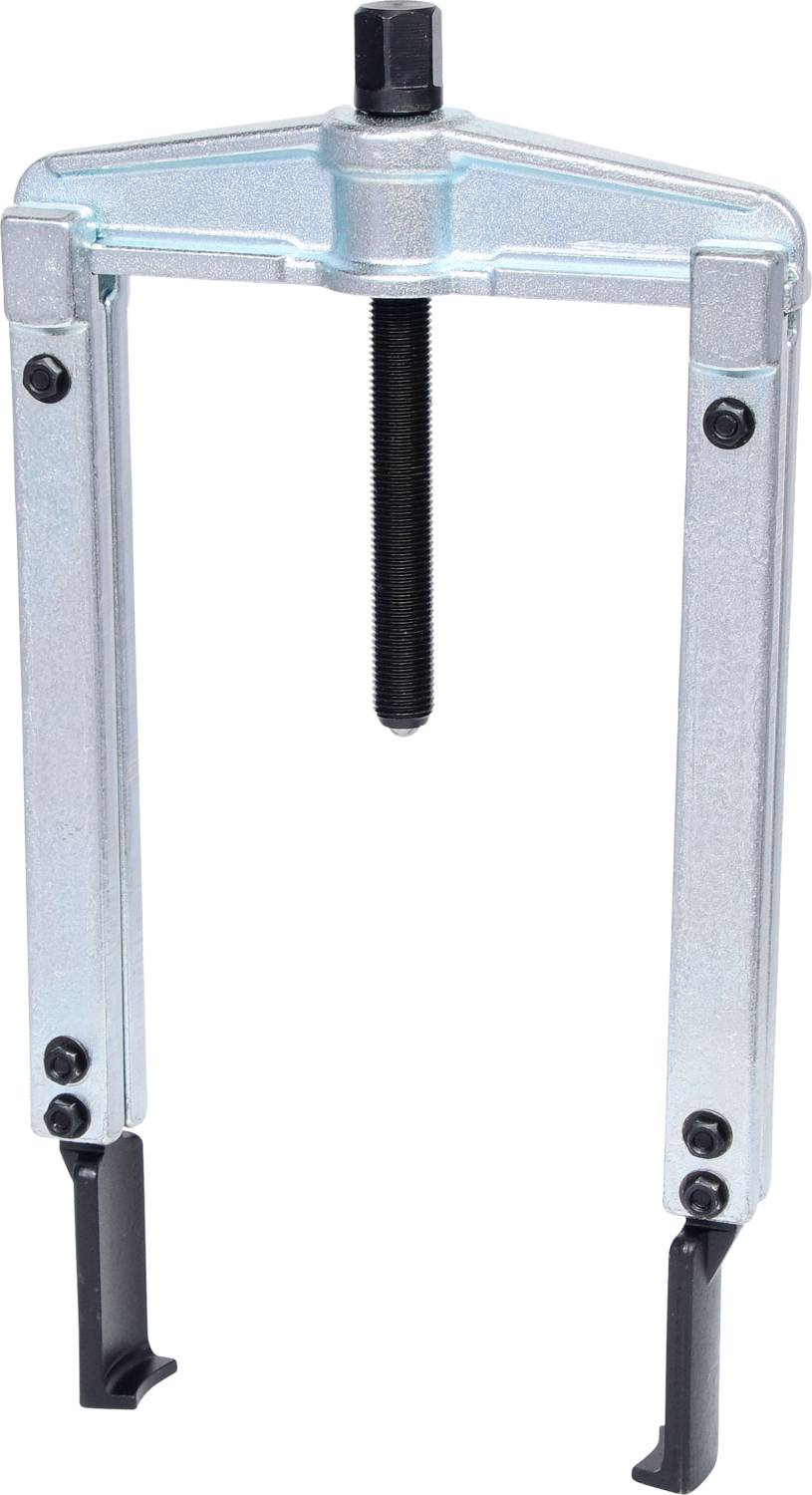 A silver two-arm bearing puller with a black spindle. Used for removing bearings, wheels or gears from shafts.