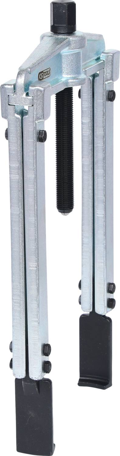 A three-legged mechanical puller with adjustable arms and a threaded bolt in the centre, used for removing seized components.