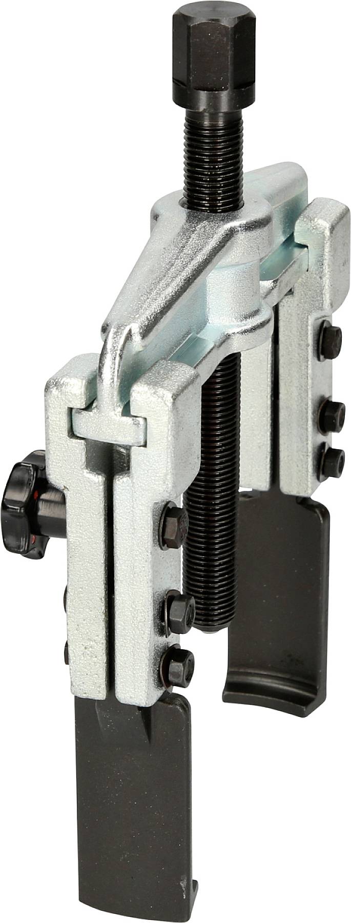 Two-legged metal puller with screw mechanism for removing firmly seated parts, such as gearwheels or bearings from shafts.