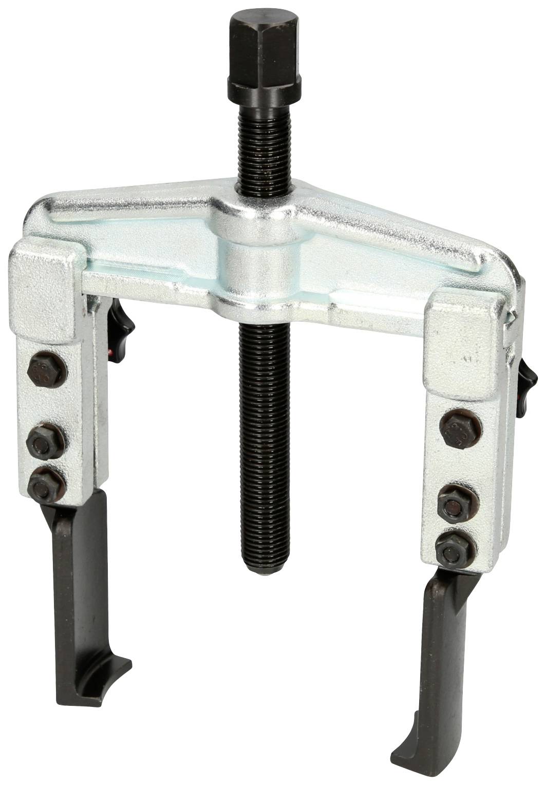 A mechanical two-arm puller with a central screw, used for removing bearings, gears or other machine parts.