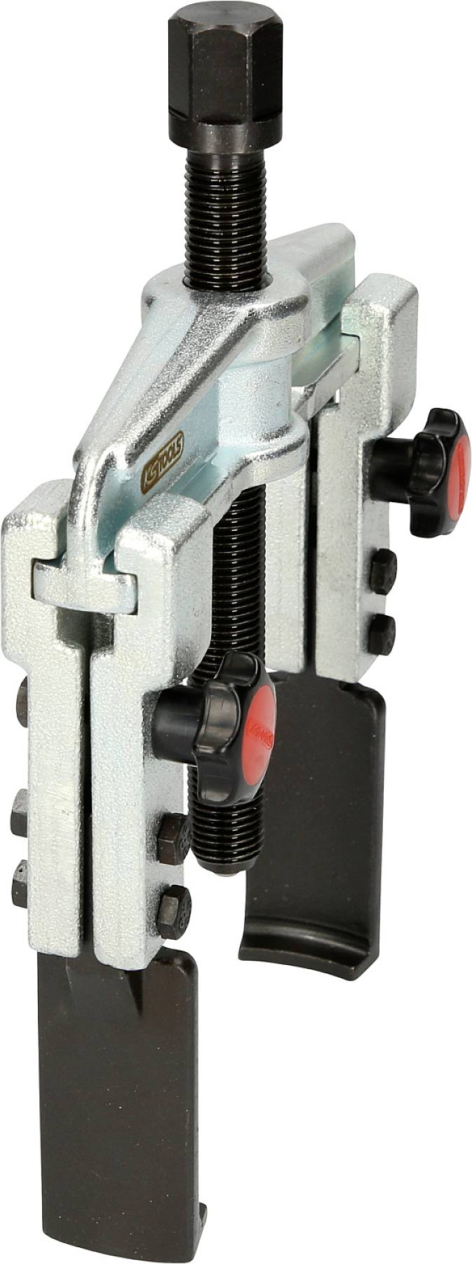 Two-arm metal puller with threaded spindle, used for removing bearings or gears from mechanical components.