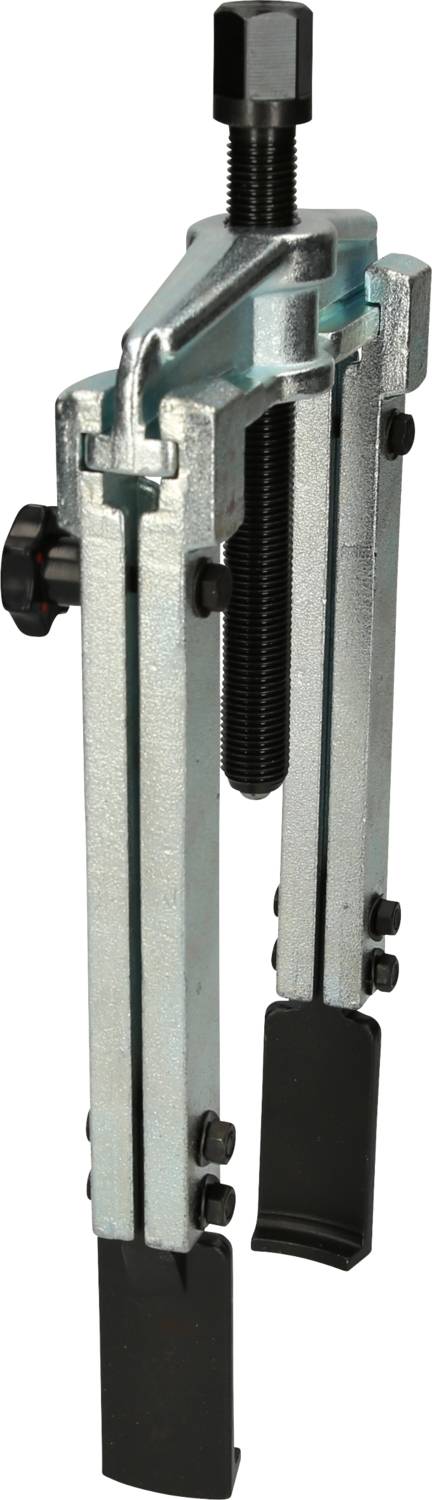 Two-armed metal puller with screw mechanism for removing solid components such as bearings or gears.