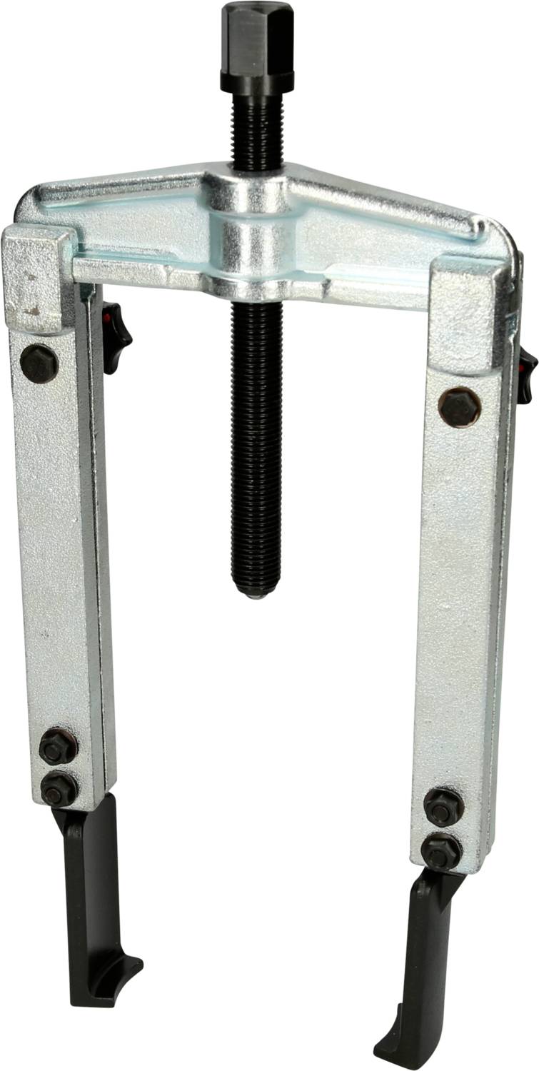 A silver two-arm metal puller with a black threaded spindle. Used for removing bearings or gears.
