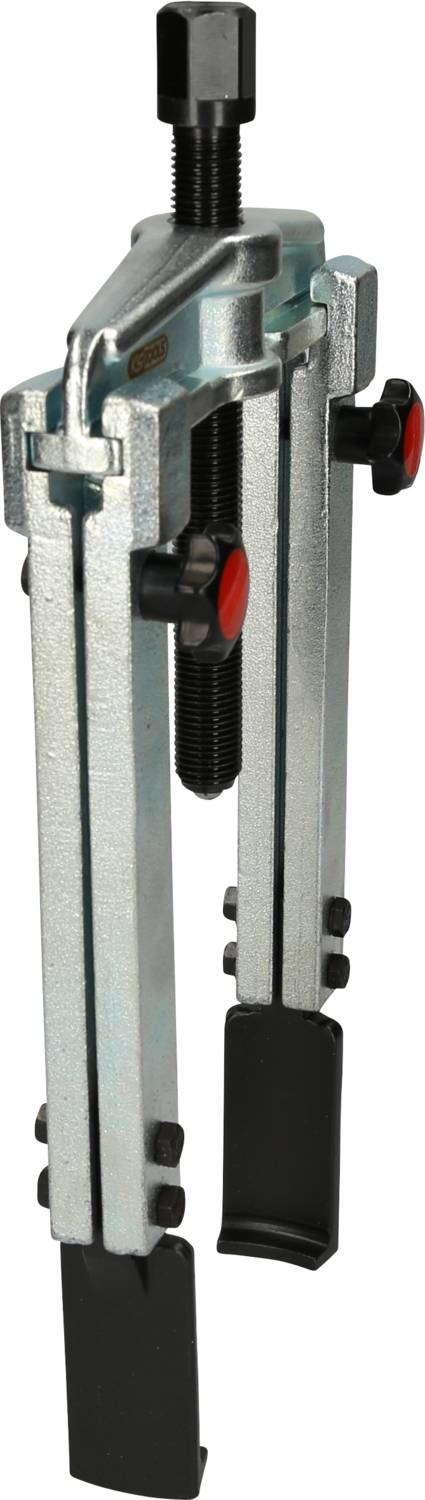 Three-legged metal puller with a black handle, used for removing bearings and gears in mechanical applications.