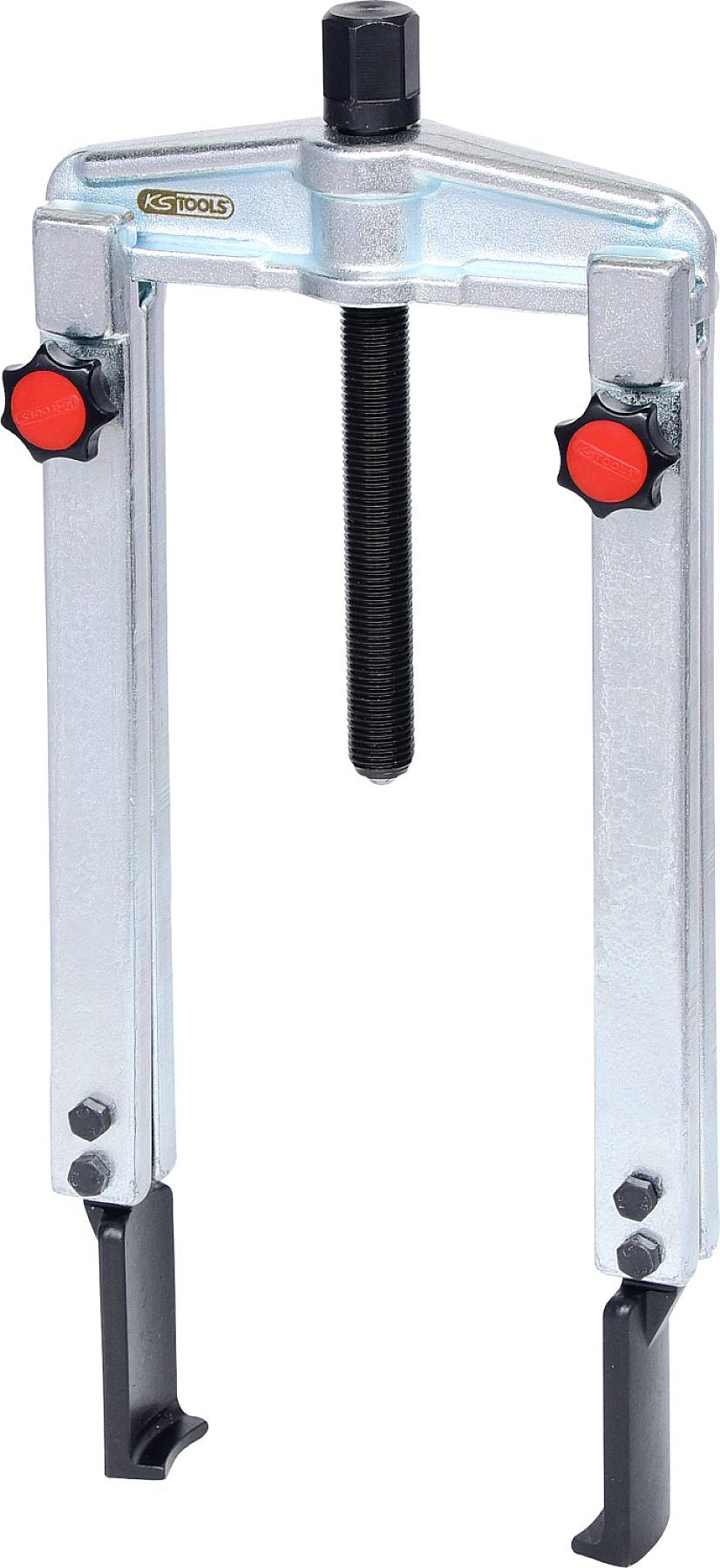 Two-legged metal puller with screw mechanism and red turning knobs, suitable for removing bearings and other components.