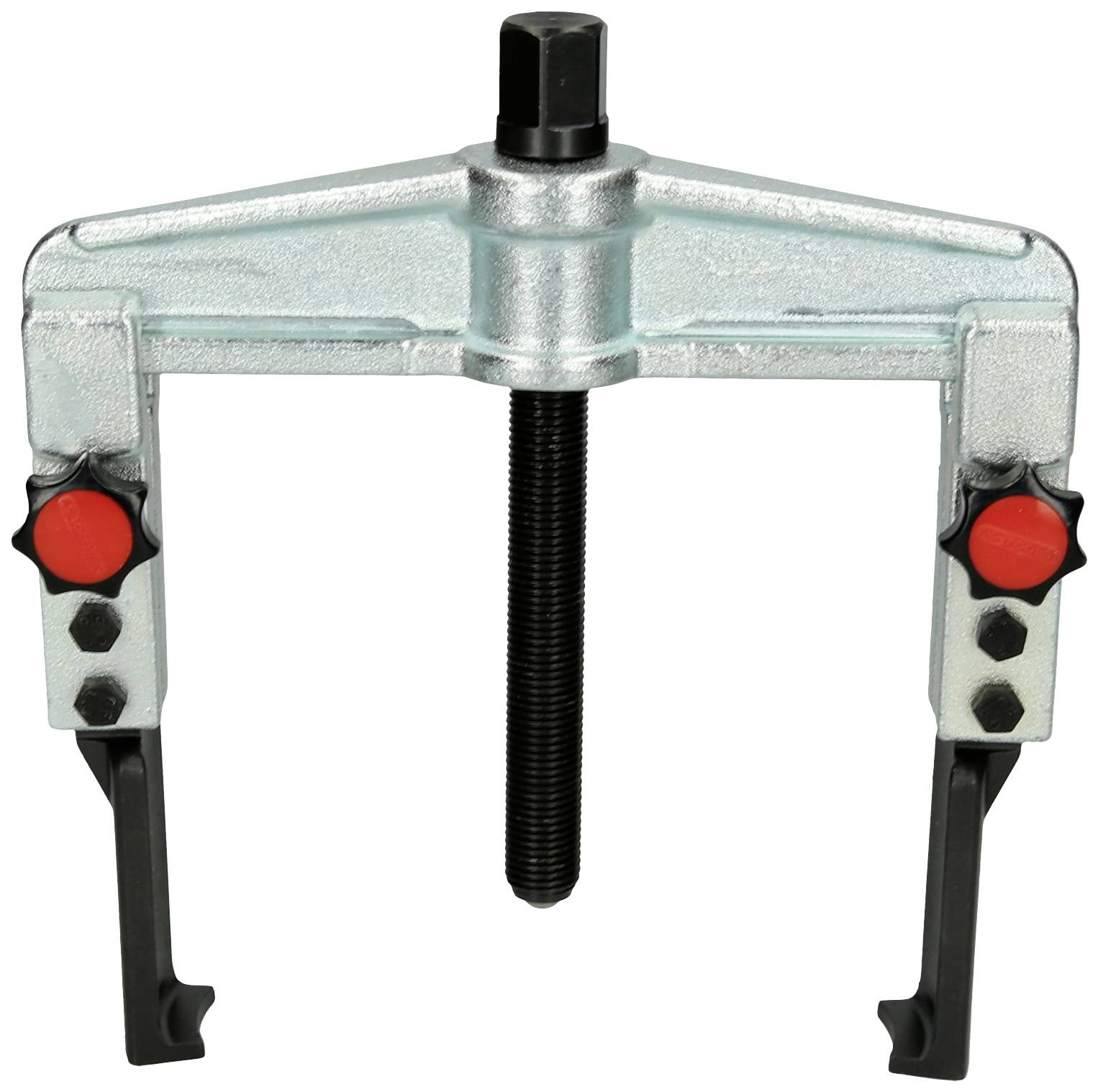 A metal puller tool with two adjustable arms and a central threaded screw for removing bearings or gears.