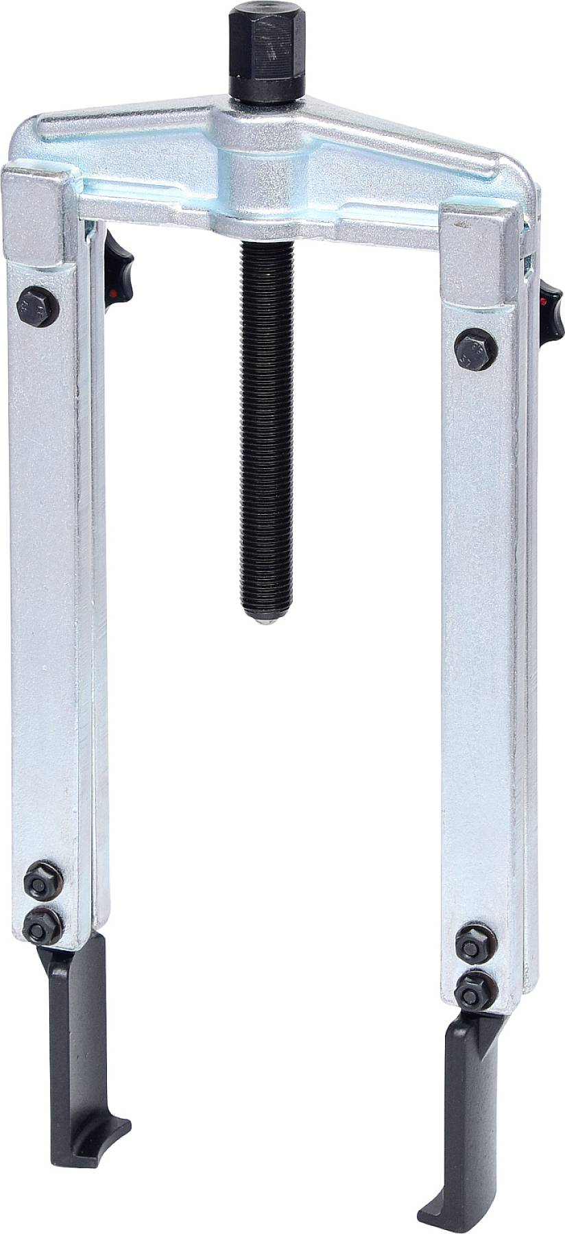 A two-armed metal puller tool with a central spindle. Used for removing bearings or gears in machinery.