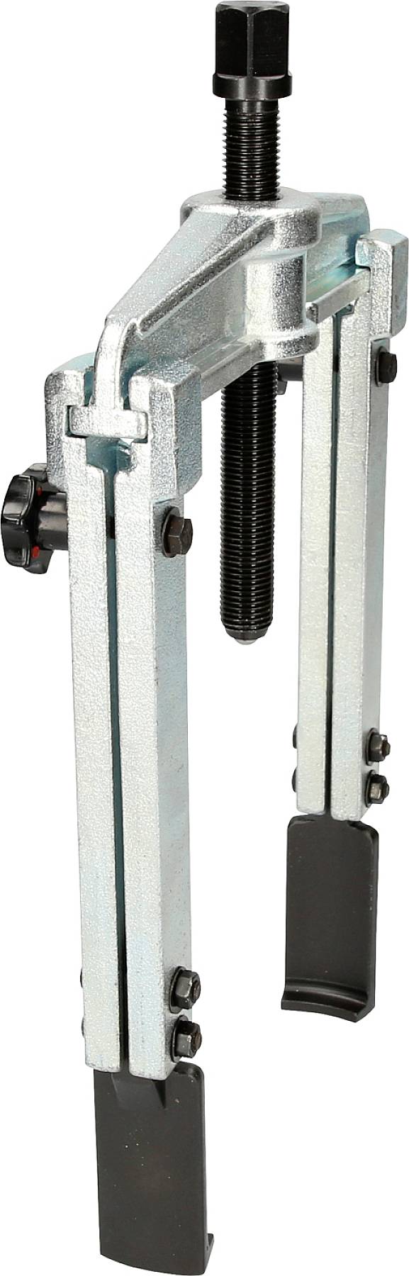 A three-legged metal puller with adjustable arms and a central screw, used for removing stuck components.