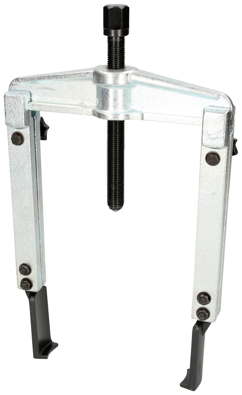 Two-legged puller with spindle and metal gripping arms. Tool for removing stuck parts from shafts or axles.