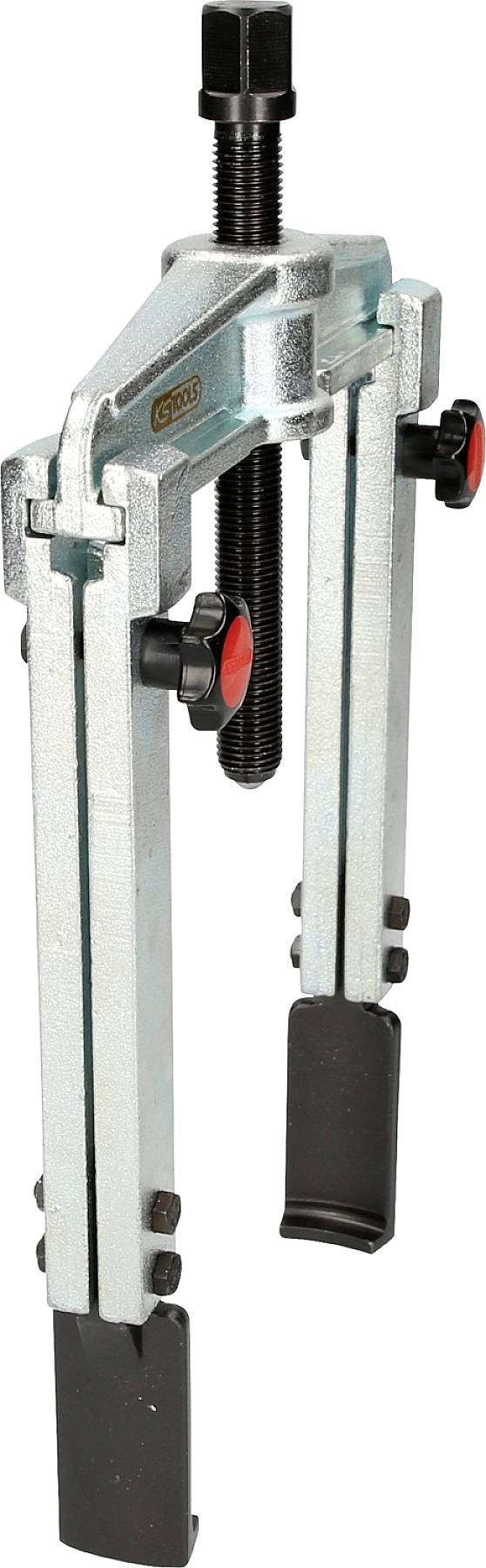 Two-legged puller with screw mechanism, metal construction with black handle on the top, suitable for removing tight-fitting parts.