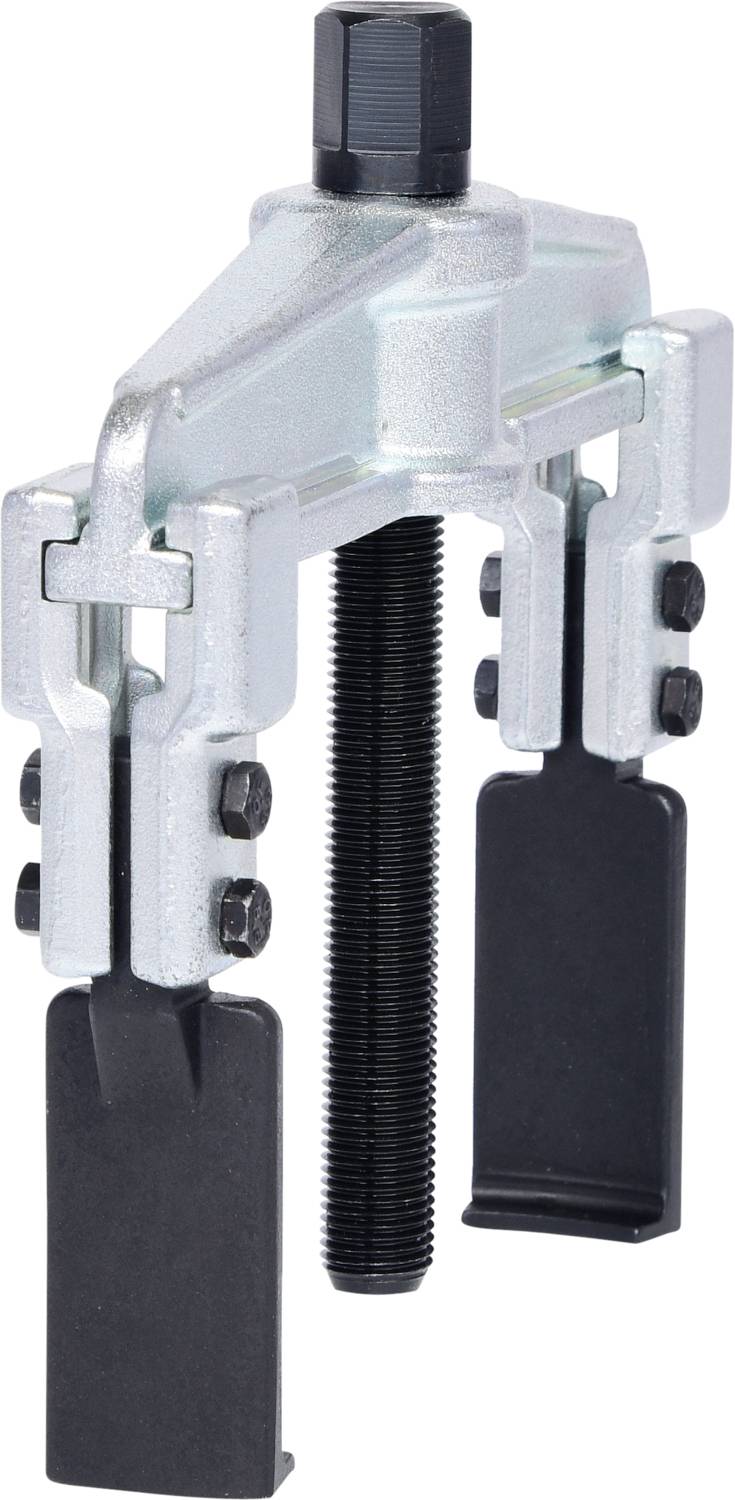 Two-arm puller with a black screw and silver housing, used for removing stuck components such as gears or bearings.