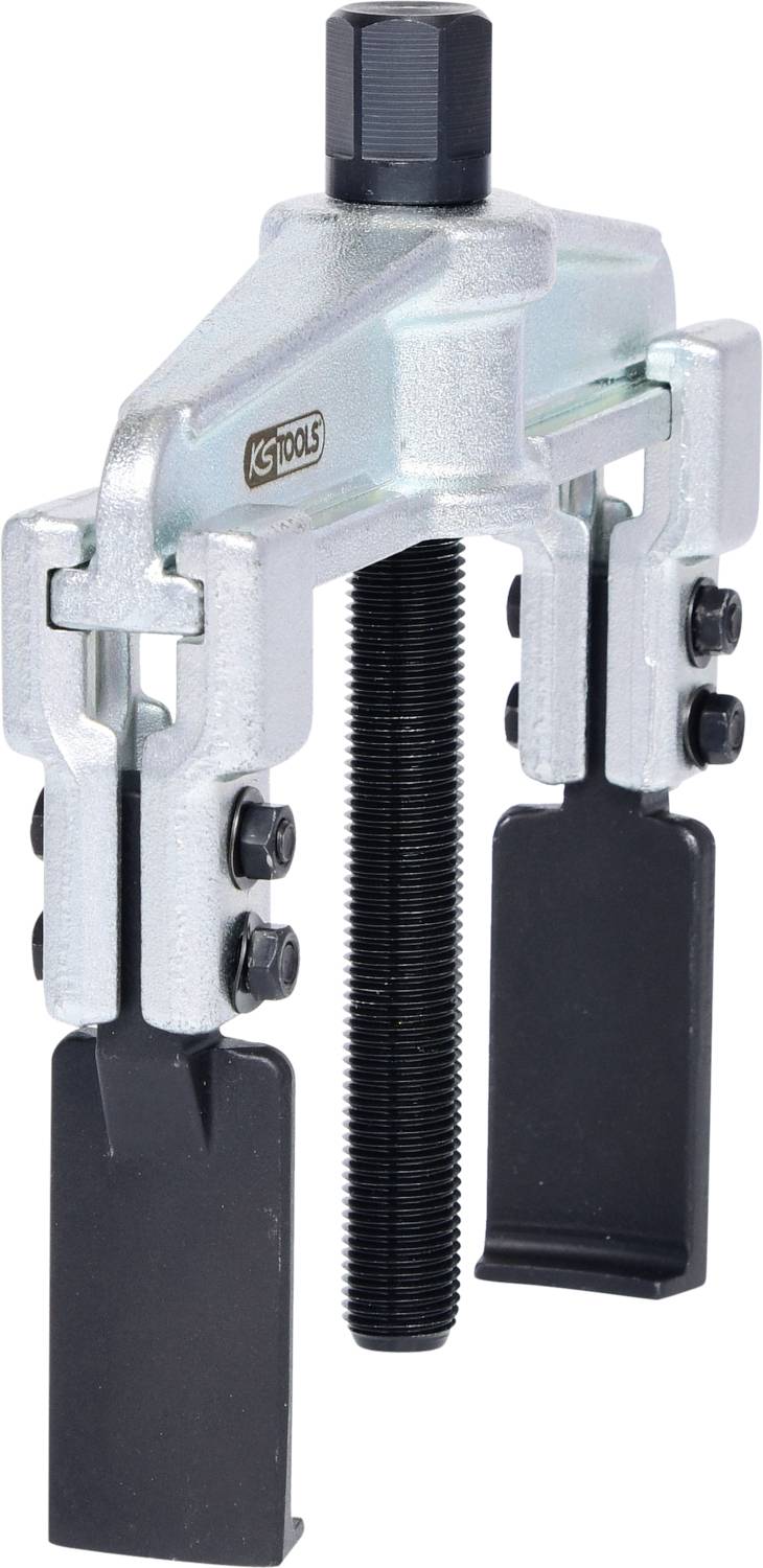 A silver and black puller used to remove seized parts such as gears or bearings from a shaft.