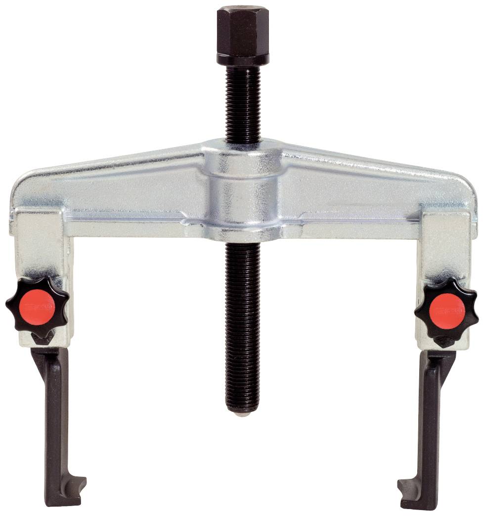 A silver puller with two arms and a red handle. The central screw is used for extracting gears or bearings from axles.