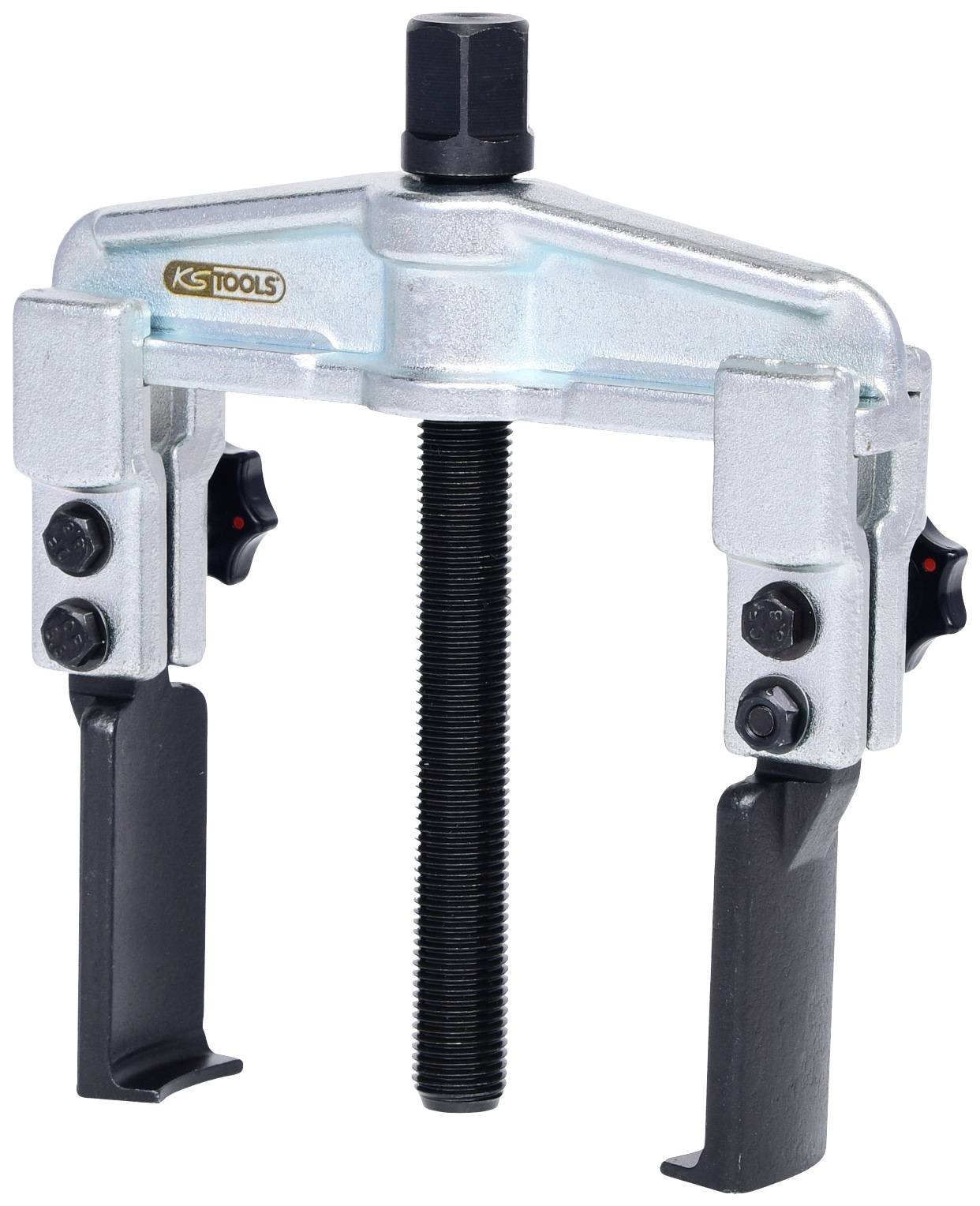 Two-armed puller with adjustable arms and mechanical thread for removing gears or bearings, made of metal.