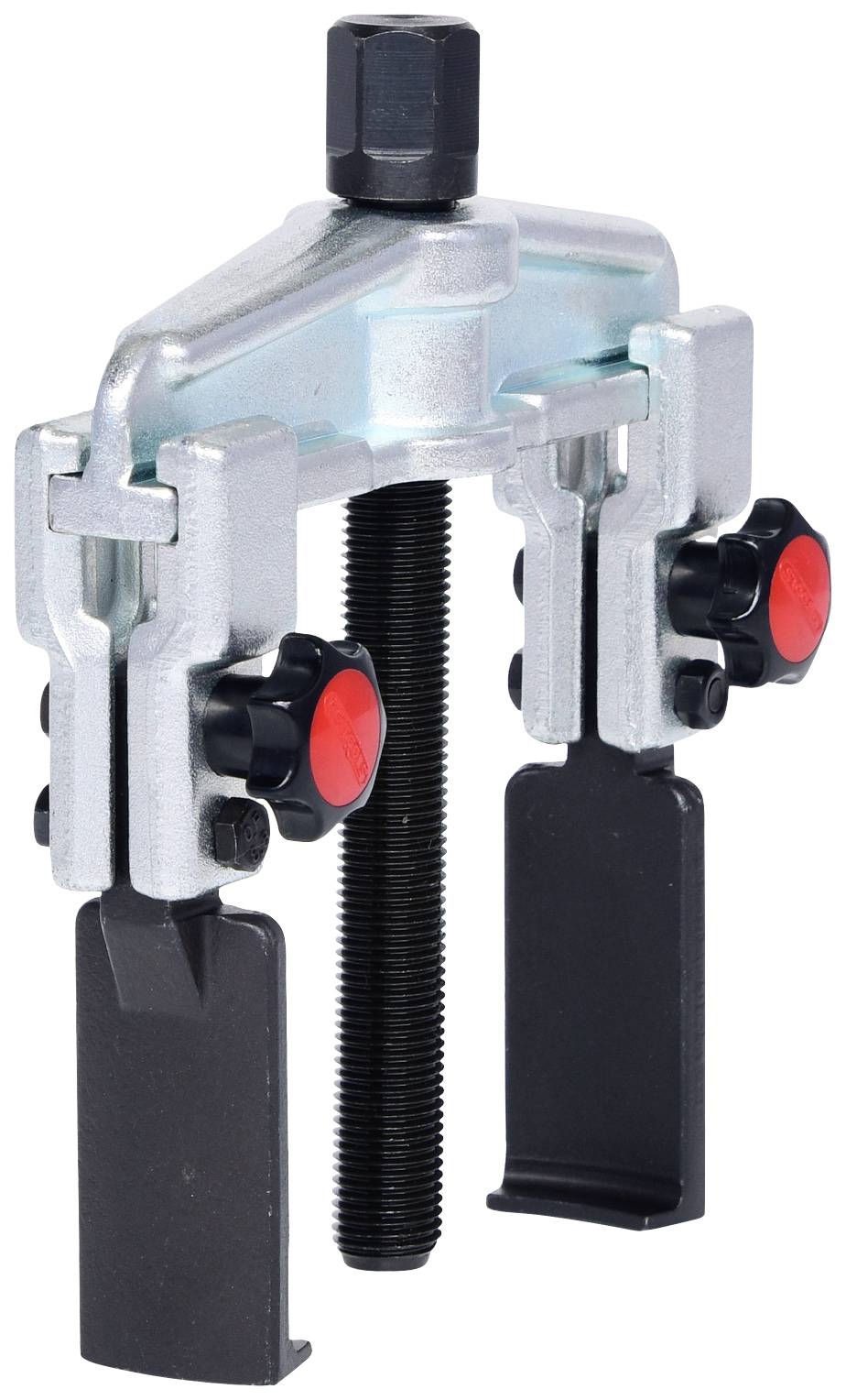 A puller tool with two black gripping arms, red turning knobs, and a central screw. Used for removing tight-fitting parts.