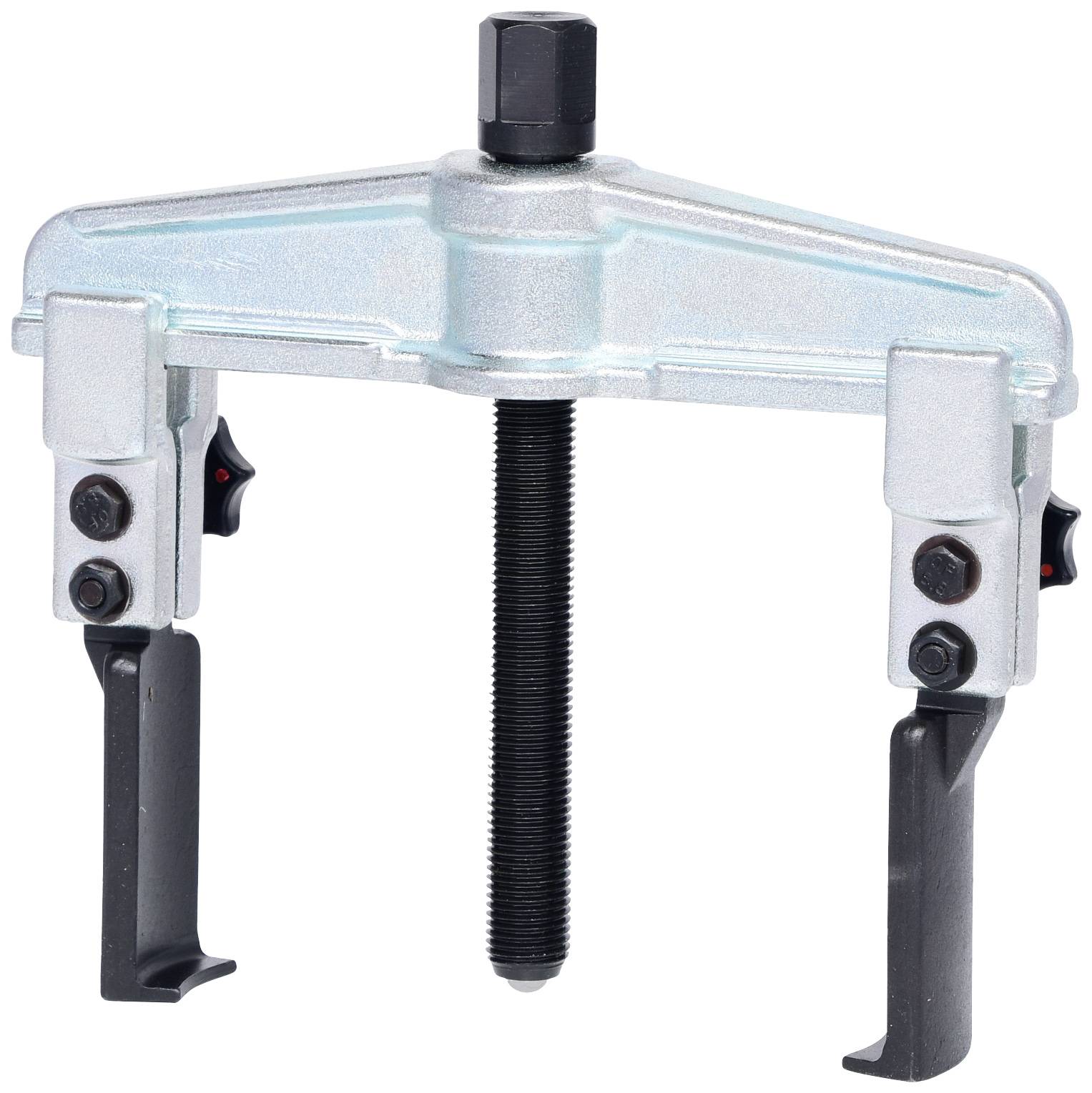 A two-legged metal puller tool with a central screw for removing stuck parts from axles or shafts.