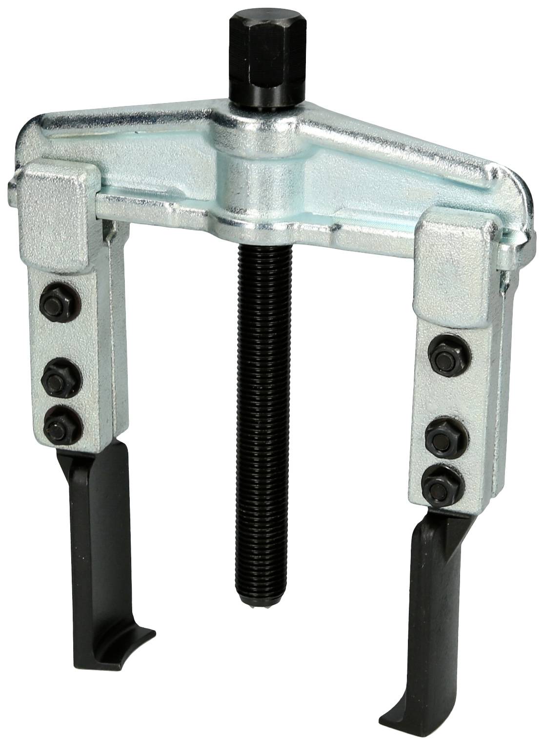 Two-legged puller with two metal arms and a central screw, for removing bearings or gears from shafts.