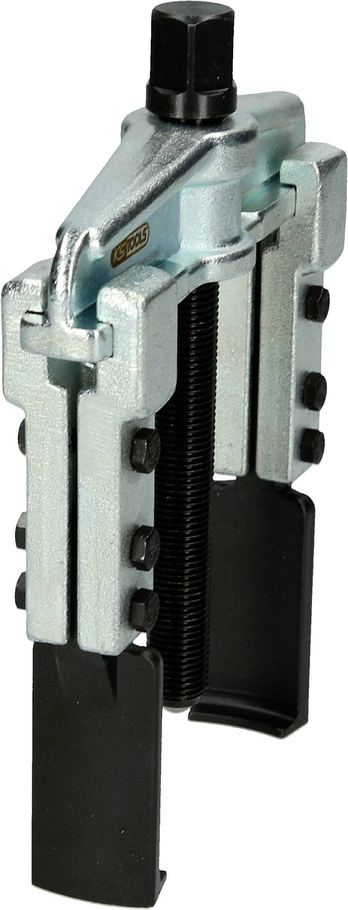 A metal puller tool consisting of two robust arms and a central screw. Ideal for removing seized components.