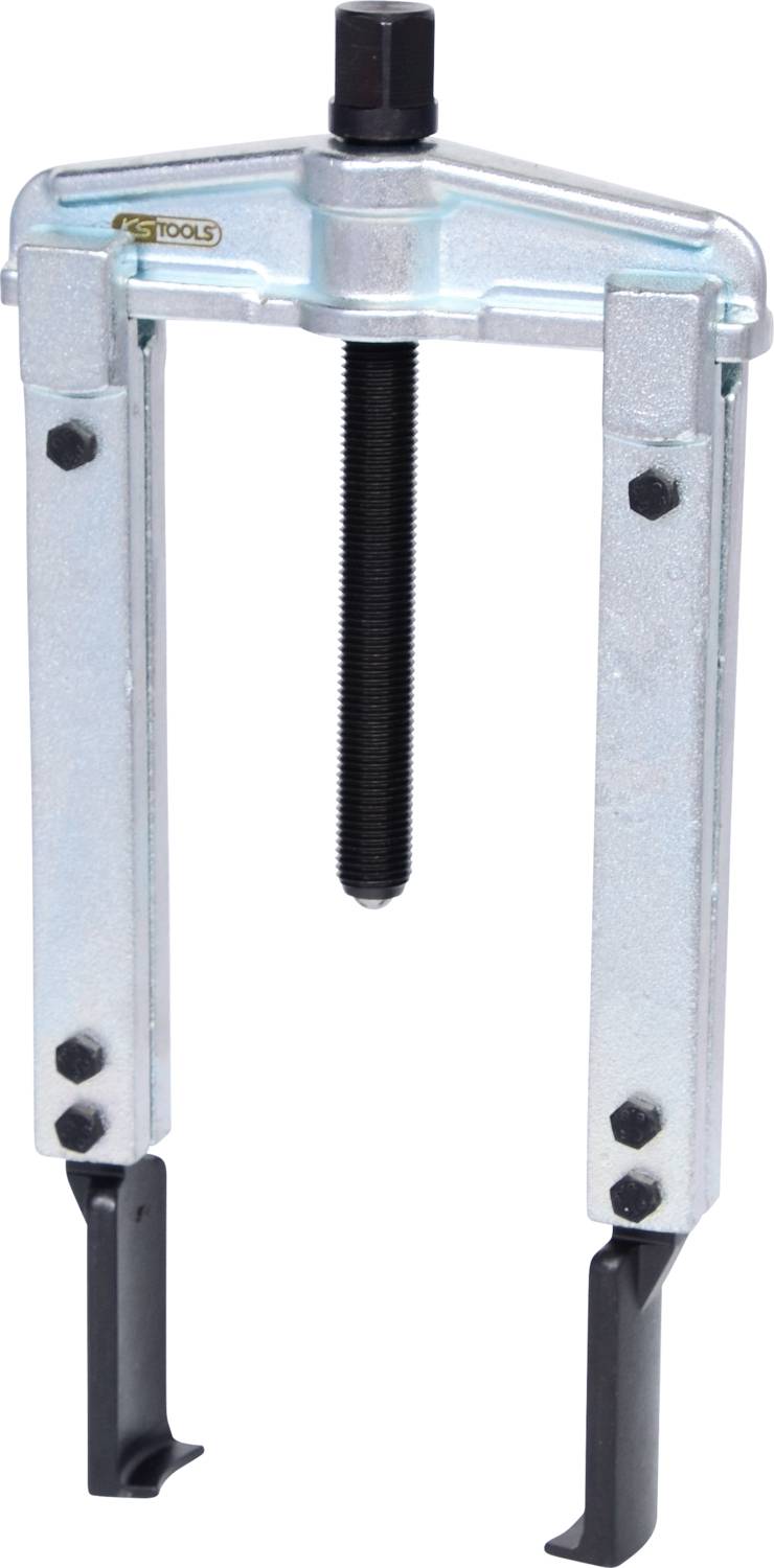 Two-armed metal puller with central screw for removing tightly fitted parts, for example on shafts or axles.