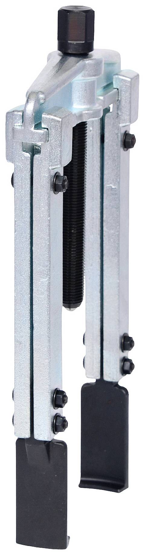 Two-legged metal puller with a black screw on top and two legs with protective caps at the bottom. Used for removing bearings or gears.