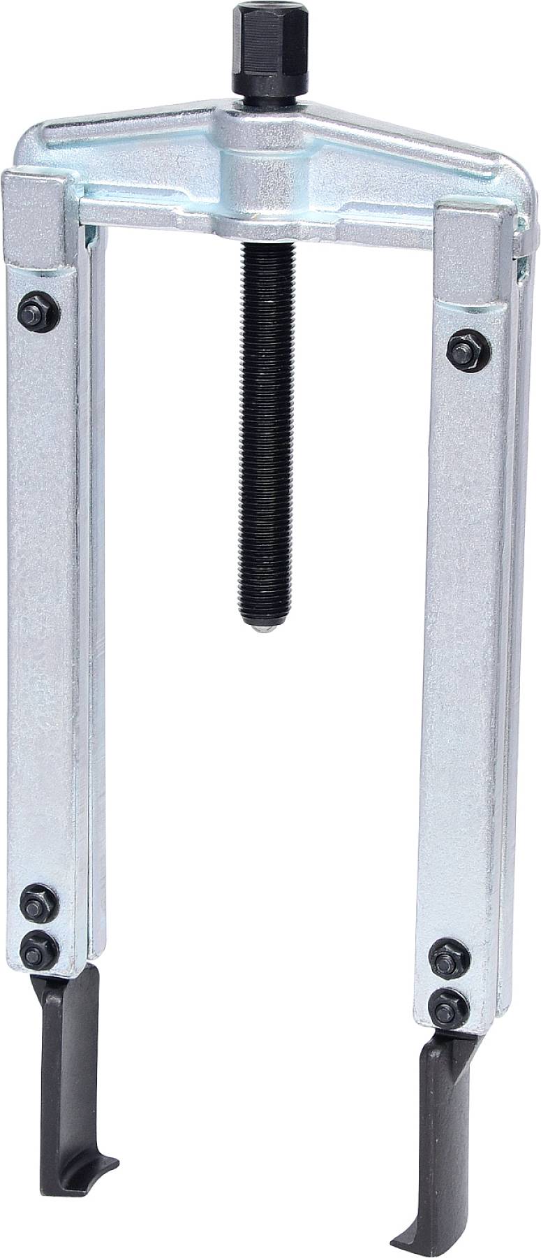 Two-legged metal puller with a central screw. Tool for removing gears or bearings from shafts in machinery.