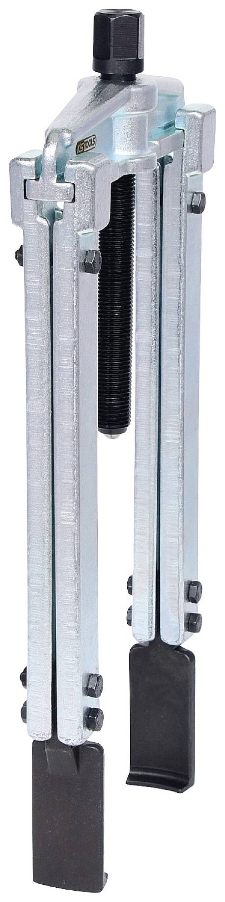 A silver, three-legged puller with black tips, used for removing gears or bearings from shafts.