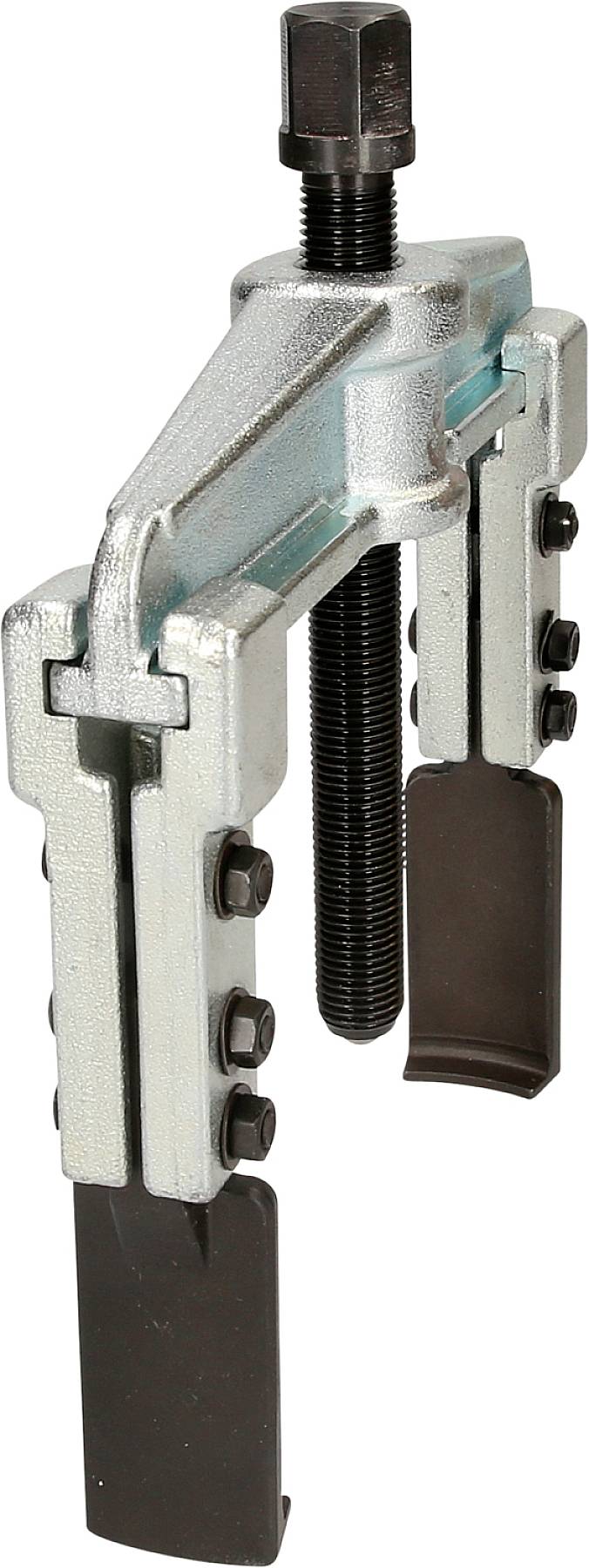 Metal puller tool with a screw mechanism and two arms for removing bearings or gears.