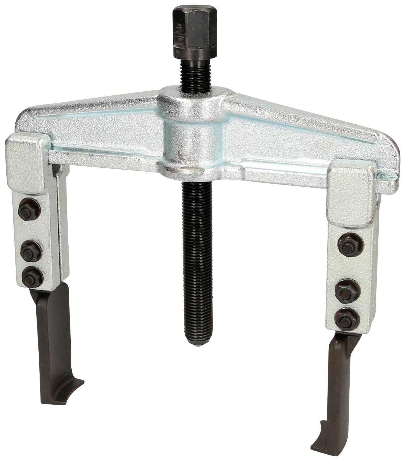 A silver-coloured puller with two arms and a central screw, used for loosening or removing parts such as ball bearings.