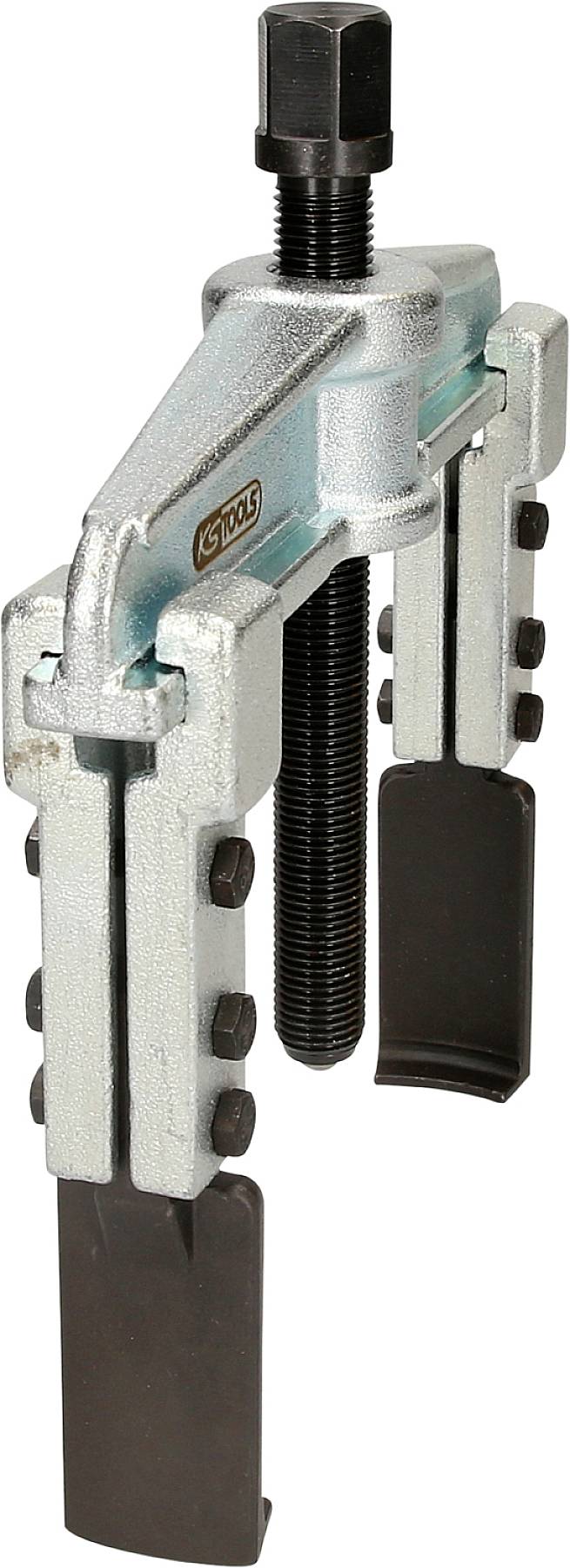 'Three-legged metal puller, suitable for removing firmly seated parts such as bearings or gears from a shaft.'