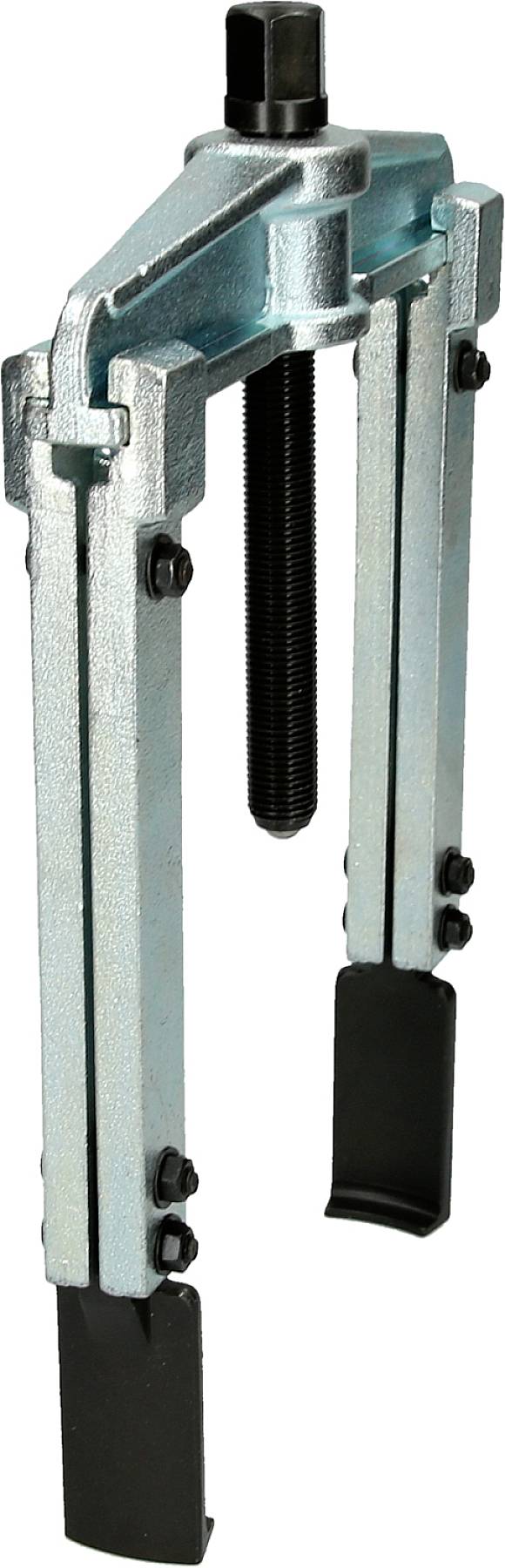 A two-legged metal puller with adjustable arms and a black screw, used for removing bearings or gears from shafts.